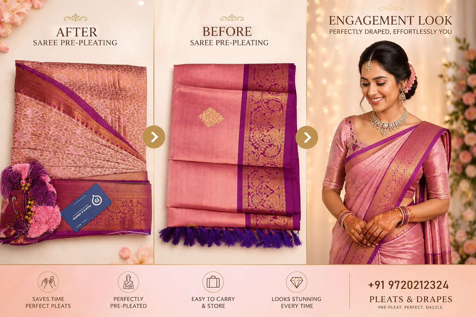 Saree pre-pleating before and after with a pink engagement drape look