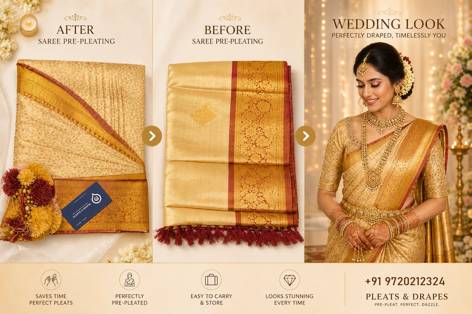Saree pre-pleating before and after with a gold wedding drape look