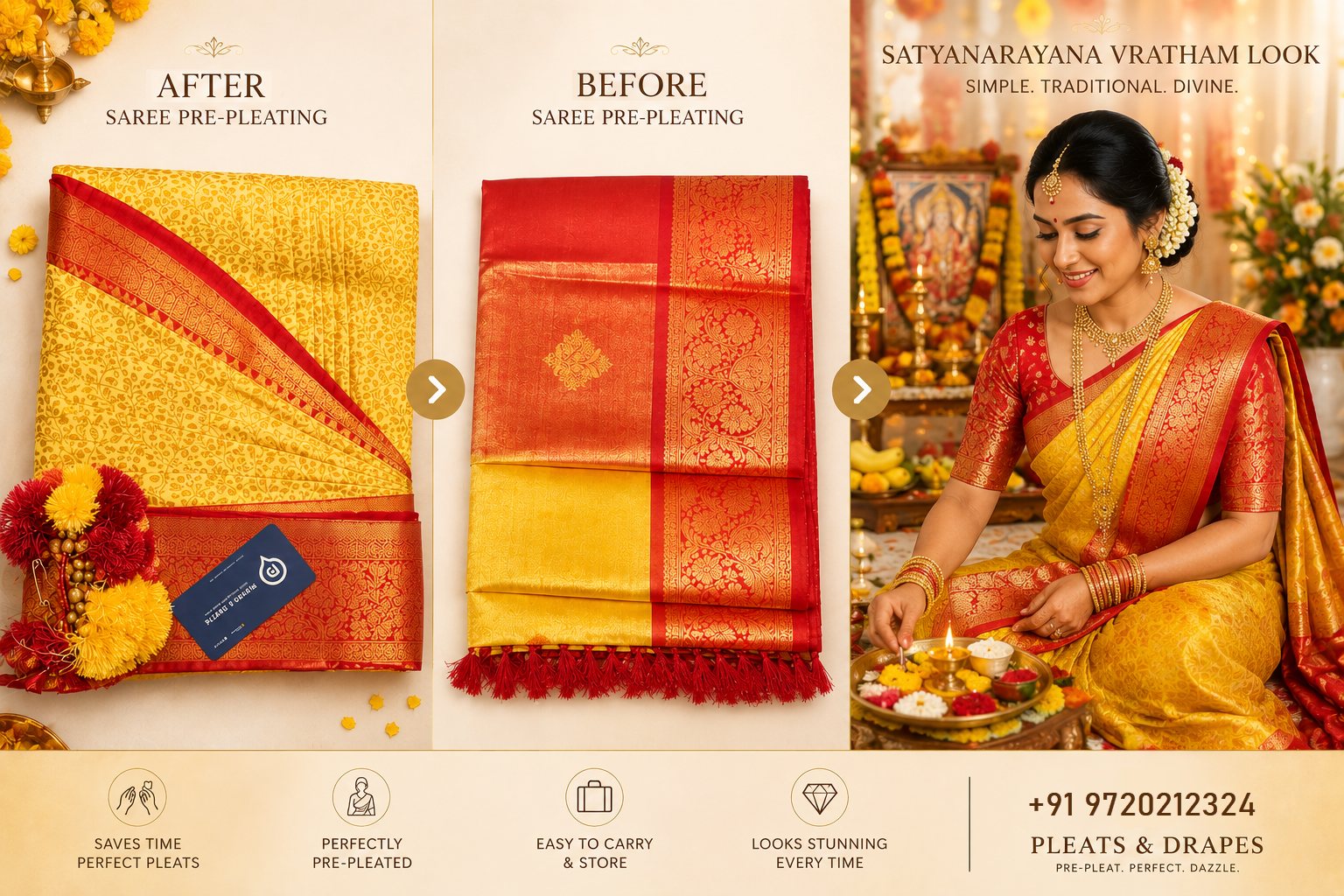 Saree pre-pleating before and after with a red Satyanarayana Vratham look