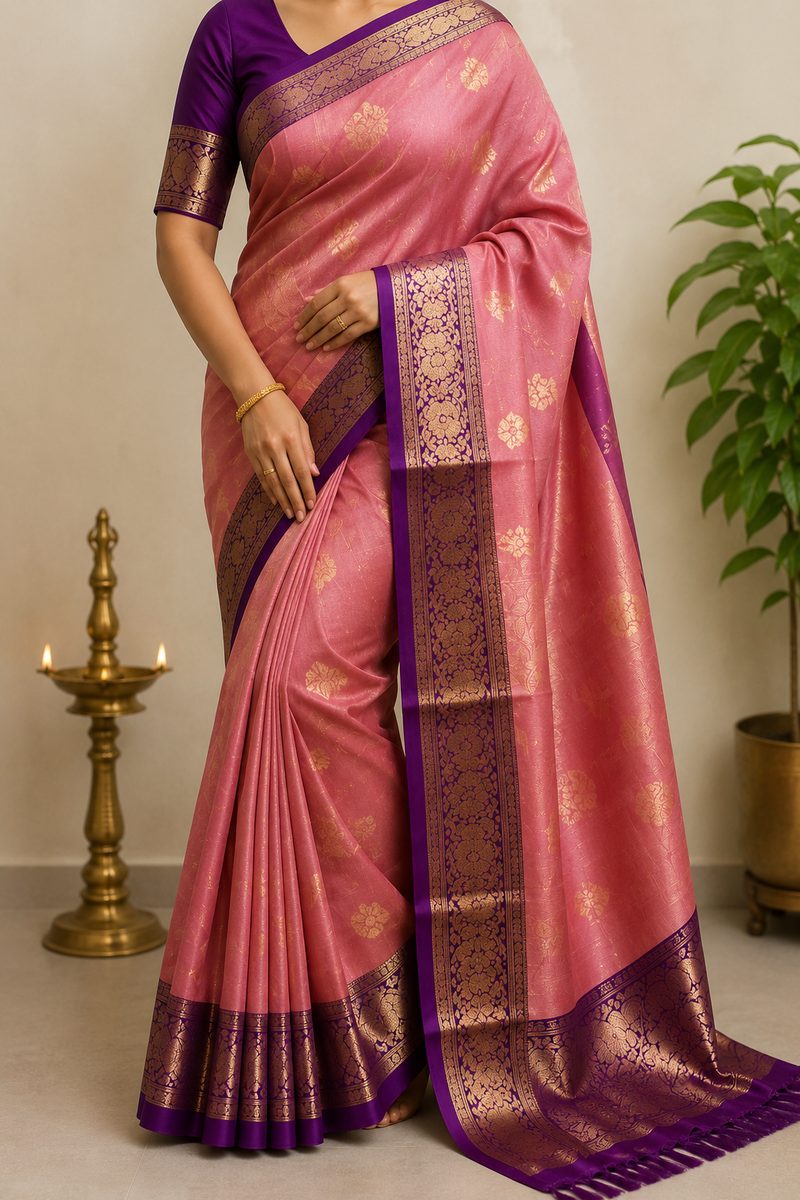 A pre-pleated ready-to-wear saree with the pallu already set